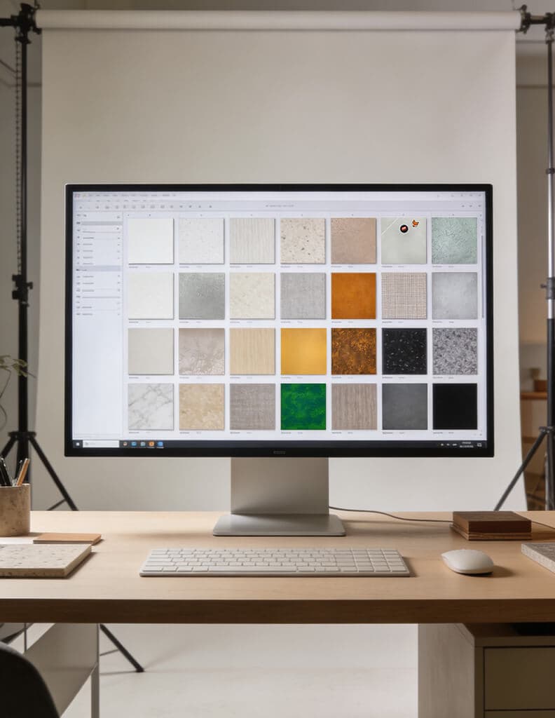 Bibliotecă digitală de texturi și culori Fox Dekorator, deschisă pe monitorul unui birou de design