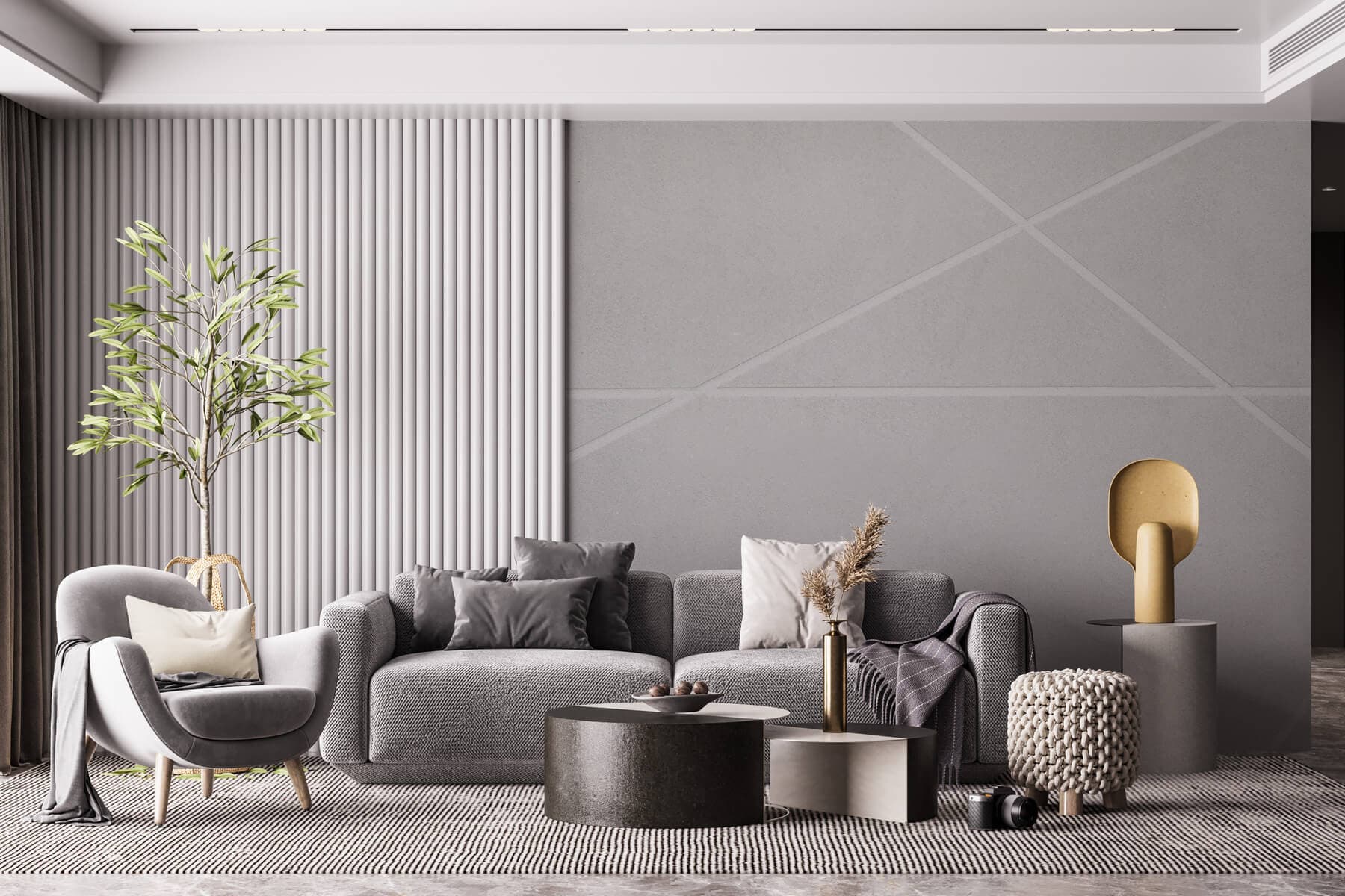 Perete cu tencuială decorativă efect de beton într-un living modern